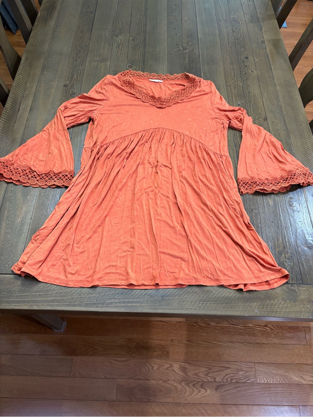 Easel Orange Bell-Sleeve Dress with Lace Trim